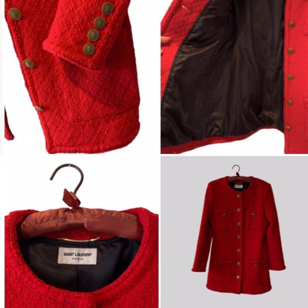 SAINT LAURENT PARIS DIAMOND EMBOSSED WOOL TWEED BLAZER JACKET RED - Picture 7 of 16
